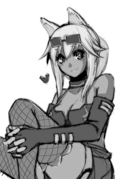 1girl animal_ears bare_shoulders breasts cat_ears cat_girl cleavage dark_skin dark-skinned_female denim denim_shorts elbow_gloves female_focus gloves heart kaiten_muten-maru monochrome ofuro_mantarou shamu_meruruusa short_shorts shorts solo white_background white_hair