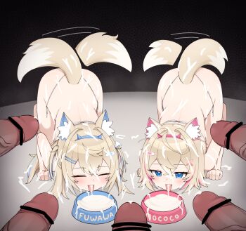 2girls 5boys :d all_fours animal_ears bandaid bandaid_hair_ornament bar_censor bikini blonde_hair blue_eyes blush bowl censored collar cum cum_in_bowl cum_in_container cum_in_mouth cum_on_body cum_on_hair cum_on_tongue dog_ears dog_girl dog_tail excessive_cum facial facing_viewer fake_horns fuwawa_abyssgard hair_between_eyes hair_ornament happy highres hololive hololive_english horns kenken_(keuken) licking licking_cum loli long_hair mococo_abyssgard motion_lines multicolored_hair multiple_boys multiple_girls open_mouth penis pet_bowl pet_play pov short_hair siblings sisters smile streaked_hair string_bikini surrounded surrounded_by_penises swimsuit tail tail_wagging tongue tongue_out top-down_bottom-up twins virtual_youtuber