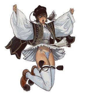 1girl :o arms_up blue_eyes brown_hair brown_headwear brown_shoes clenched_hands clothes_lift dress dress_lift full_body fustanella greek_clothes groin highleg highleg_panties highres jumping legs_together lips lipstick long_sleeves looking_at_viewer makeup midair miniskirt mossacannibalis nose nostrils open_mouth original outstretched_arms panties red_lips sash shirt shoes short_hair side-tie_panties simple_background skirt solo striped_clothes striped_panties tareme teeth thighhighs traditional_clothes underwear upper_teeth_only white_background white_shirt white_thighhighs wide_sleeves