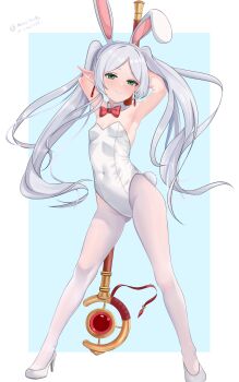 Rule 34 | absurdres, alternate costume, animal ear hairband, animal ears, arms behind head, bow, bowtie, breasts, commentary request, detached collar, earrings, elf, fake animal ears, frieren, full body, hairband, highres, jewelry, leotard, mage staff, miss.yuuki, one-hour drawing challenge, pantyhose, playboy bunny, pointy ears, rabbit ears, rabbit tail, red bow, red bowtie, shoes, small breasts, sousou no frieren, staff, strapless, strapless leotard, tail, teardrop earrings, twintails, white leotard, white pantyhose, white shoes