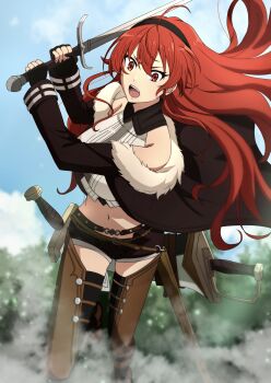 Rule 34 | 1girl, absurdres, ahoge, black gloves, black hairband, black jacket, black shorts, black thighhighs, boots, breasts, brown boots, cropped shirt, dashing, day, eris greyrat, fingerless gloves, foot out of frame, fur-trimmed jacket, fur trim, gloves, hair between eyes, hairband, hands up, highres, holding, holding sword, holding weapon, jacket, large breasts, long hair, long sleeves, mushoku tensei, navel, off-shoulder jacket, off shoulder, open mouth, outdoors, red eyes, red hair, shirt, shorts, solo, standing, standing on one leg, sword, teeth, thigh boots, thighhighs, upper teeth only, weapon, white shirt, yaken (11keionnota06)