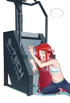 1girl ahoge armpits blush bra breasts closed_eyes commentary_request dripping exhausted frown full_body gym heavy_breathing highres hipa_(some1else45) long_hair machine midriff navel on_one_knee open_mouth original red_footwear red_hair shoes small_breasts sneakers some1else45 sports_bra sportswear stairs sweat underwear very_long_hair white_bra