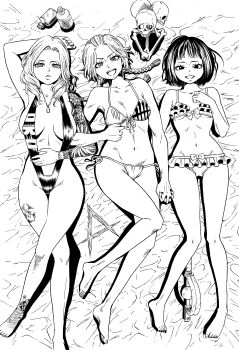 3girls absurdres arm_behind_back arm_tattoo bikini bone braid breasts commentary_request dead_by_daylight eyelashes feng_min flower_tattoo frilled_bikini frills front-tie_bikini_top front-tie_top greyscale hair_pulled_back highres jewelry kate_denson locked_arms long_hair lying medium_breasts medium_hair meg_thomas monochrome multiple_girls navel necklace on_back open_mouth side-tie_bikini_bottom skull slingshot_swimsuit small_breasts smile swimsuit takayama_akira tattoo tri_braids