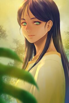 1girl bindi black_hair commentary dark-skinned_female dark_skin dress green_eyes gundam hair_down highres lalah_sune long_hair looking_at_viewer mobile_suit_gundam plant smile solo takeda_yuuko upper_body yellow_dress