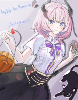 absurdres black_cat blue_eyes cat chocolate cyrene_(aedes_elysiae)_(honkai:_star_rail) cyrene_(honkai:_star_rail) dowha0124 halloween halloween_bucket happy_halloween highres honkai:_star_rail honkai_(series) horns looking_at_viewer medium_hair pink_hair