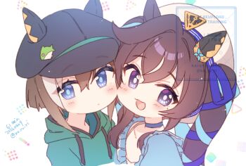 Rule 34 | 2girls, :d, animal ears, blue choker, blue eyes, blue shirt, blush, brown hair, cheval grand (casual) (umamusume), cheval grand (umamusume), choker, commentary, ear covers, ears through headwear, fish hat ornament, green hoodie, hair between eyes, hat, hood, hood down, hoodie, horse ears, horse girl, koruri, long hair, long sleeves, multicolored hair, multiple girls, one-hour drawing challenge, open mouth, shirt, smile, streaked hair, twintails, umamusume, upper body, vivlos (casual) (umamusume), vivlos (umamusume), white hair
