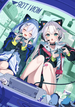 Rule 34 | 2girls, :<, :d, ^ ^, bandaid, bandaid on knee, bandaid on leg, belt, belt collar, black belt, black shorts, blush, bottle, cable, character request, closed eyes, collar, commentary request, controller, dotted background, fish hair ornament, game cartridge, game console, game controller, green eyes, hair ornament, highres, holding, holding controller, holding game controller, jacket, knees up, long hair, long sleeves, medium hair, mishima kurone, multiple girls, open mouth, original, paper, paw hair ornament, playing games, playing video games, shop, short shorts, shorts, sitting, smile, sticker, streetwear, sweatdrop, thighs, tongue, track jacket, white hair