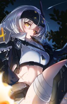 1girl armored_boots bandana black_gloves boots breasts closed_mouth cropped_shirt eating fire food gloves goddess_of_victory:_nikke goggles goggles_on_head highres holding holding_food jacket long_hair looking_at_viewer mechanical_arms midriff nekoponart night official_alternate_costume outdoors scar scar_on_stomach shirt shooting_star shorts snow_white_(heavy_arms)_(nikke) snow_white_(nikke) solo star_(sky) white_hair white_jacket white_shirt yellow_eyes