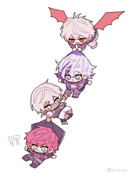 Rule 34 | !?, 4boys, black jacket, blue eyes, chibi, chibi only, cicnm, commentary request, dark-skinned male, dark skin, full body, fuwa minato, fuwa minato (1st costume), hair between eyes, hand grab, highres, holding, holding jacket, holding unworn clothes, ibrahim (1st costume) (nijisanji), ibrahim (nijisanji), jacket, kuzuha (1st costume) (nijisanji), kuzuha (nijisanji), lauren iroas, lauren iroas (1st costume), long sleeves, looking at another, male focus, mole, mole under eye, multicolored hair, multiple boys, nijisanji, open clothes, open jacket, open mouth, outstretched arms, pointy ears, purple eyes, purple jacket, red eyes, red hair, red wings, simple background, smile, streaked hair, unworn jacket, virtual youtuber, white background, white hair, wings