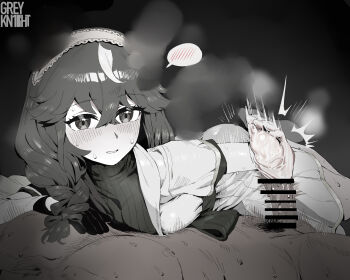 1boy 1girl artist_name bar_censor blush braid breasts censored commentary curren_bouquetd&#039;or_(umamusume) gloves hair_between_eyes hair_ornament hairband highres long_hair looking_at_viewer low_twin_braids monochrome mozzleq77804 open_mouth penis simple_background small_breasts solo sweat symbol-only_commentary twin_braids umamusume