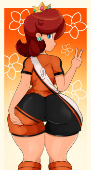 Rule 34 | 1girl, absurdres, ass, blue eyes, border, brown hair, cameltoe, closed mouth, cowboy shot, crown, earrings, freckles, from behind, gradient background, highres, huge ass, jewelry, lips, looking at viewer, looking back, mario (series), mario strikers: battle league, mario strikers (series), nintendo, orange background, orange shirt, orange socks, princess daisy, shirt, short hair, shorts, smile, socks, solo, sonson-sensei, sportswear, standing, thigh gap, v, wide hips