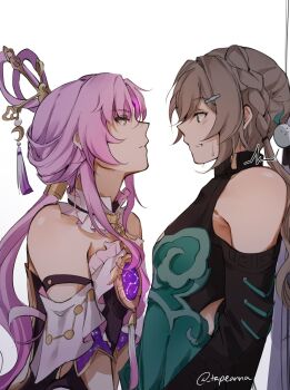 Rule 34 | 2girls, braid, brown eyes, brown hair, constellation, from side, fu xuan (honkai: star rail), green eyes, hair ornament, highres, honkai: star rail, honkai (series), kabedon, long hair, multiple girls, pink hair, qingque (honkai: star rail), sweat, sweatdrop, tapeanna, twitter username, watermark, yuri