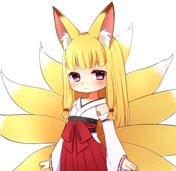 Rule 34 | 1girl, animal ears, blonde hair, blush, closed mouth, detached sleeves, female focus, fox ears, fox tail, hakama, hakama skirt, japanese clothes, kai himo, long sleeves, looking at viewer, multiple tails, original, purple eyes, red hakama, simple background, skirt, solo, standing, tail, white background, wide sleeves