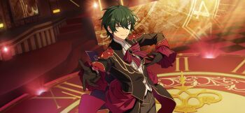 Rule 34 | 1boy, black gloves, blue eyes, bow, buttons, clock, closed mouth, earrings, ensemble stars!, floating clothes, frilled sleeves, frills, game cg, gloves, green hair, hair between eyes, hands up, happy elements, heterochromia, jewelry, kagehira mika, long sleeves, looking at viewer, male focus, multicolored hair, neverland (ensemble stars!), official art, orange eyes, roman numeral, short hair, smile, solo, split-color hair, third-party source, upper body