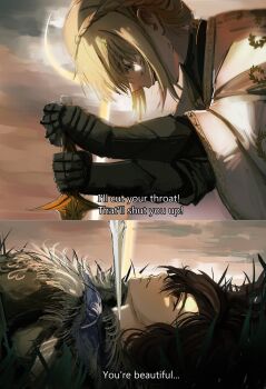 Rule 34 | black hair, blonde hair, blood, blood on face, couple, elden ring, elden ring: shadow of the erdtree, girl on top, highres, holding, holding sword, holding weapon, lying on person, mononoke hime, movie reference, needle knight leda, non-web source, sunset, sword, tarnished (elden ring), weapon