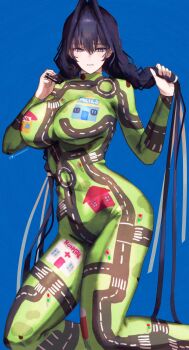1girl absurdres alternate_costume blue_background blue_eyes bodysuit breasts commentary english_commentary erasorpepero green_bodysuit hair_ribbon highres holding holding_own_hair holding_toy hololive hololive_english kneeling large_breasts long_hair looking_at_viewer ouro_kronii parted_lips print_bodysuit revision ribbon simple_background solo toy toy_car very_long_hair virtual_youtuber white_ribbon