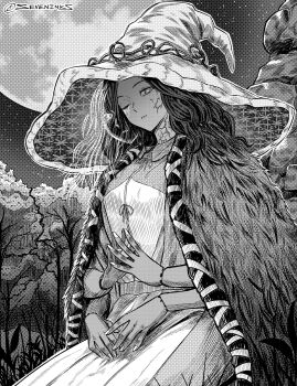 1girl breasts cloak commentary cracked_skin doll_joints dress elden_ring extra_arms extra_faces full_moon fur_cloak hat highres joints large_hat long_dress medium_breasts medium_hair moon one_eye_closed ranni_the_witch seveninks sitting sky solo star_(sky) starry_sky steepled_fingers tree twitter_username wavy_hair witch_hat