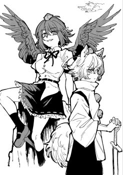 1boy 2girls animal_ears ankle_socks artist_self-insert commentary_request doodle_inset feathered_wings geta greyscale grin hair_between_eyes hat hat_tassel highres holding holding_sword holding_weapon horse_boy inubashiri_momiji looking_at_viewer monochrome multiple_girls neck_ribbon pointy_ears pom_pom_(clothes) ribbon ribbon-trimmed_skirt ribbon_trim screentones shameimaru_aya short_hair slit_pupils smile socks sword tail takatsuki_nato tengu-geta tokin_hat touhou weapon white_background wings wolf_ears wolf_girl wolf_tail