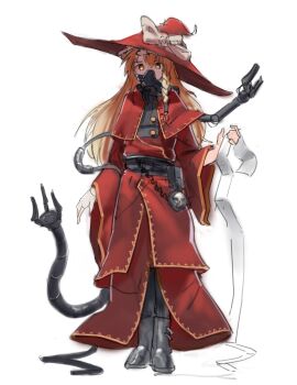 1girl adeptus_mechanicus blonde_hair bow braid cloak crossover cyborg dzerofive gas_mask hat hat_bow highres imperium_of_man kirisame_marisa long_hair mask mechanical_arms mechanical_tentacles red_cloak red_hair red_robe ribbon robe single_braid sketch solo techpriest touhou warhammer_40k witch_hat