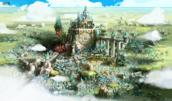 architecture artist_name aymeric_kevin blue_sky building castle city cityscape cliff cloud cloudy_sky commentary day english_commentary fantasy floating_island fog foliage grass horizon logo no_humans original rock rooftop sky tower tree wide_shot