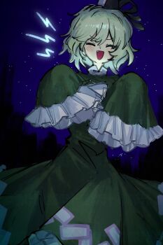1girl :d ame_iru blush closed_eyes commentary dress fang frills ghost ghost_pose green_dress green_hair hair_between_eyes hat highres long_sleeves medium_hair night open_mouth sky smile soga_no_tojiko solo star_(sky) starry_sky symbol-only_commentary touhou