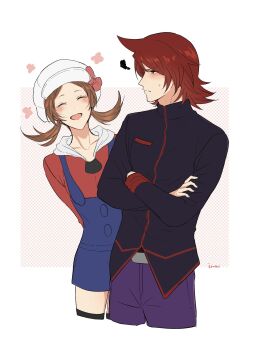 1boy 1girl arms_behind_back blue_overalls blush brown_hair closed_eyes cnzmee collarbone commentary_request cropped_legs crossed_arms hat highres lyra_(pokemon) newsboy_cap nintendo overalls pokemon pokemon_heartgold_and_soulsilver red_eyes signature silver_(pokemon) smile squiggle