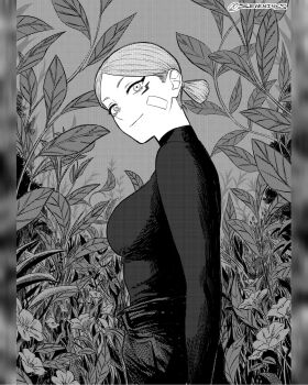 1girl bandaid bandaid_on_cheek bandaid_on_face breasts commentary facial_mark field flower flower_field from_side greyscale highres large_breasts looking_at_viewer monochrome original pants pillarboxed ponytail seveninks shirt smile solo turtleneck turtleneck_shirt upper_body
