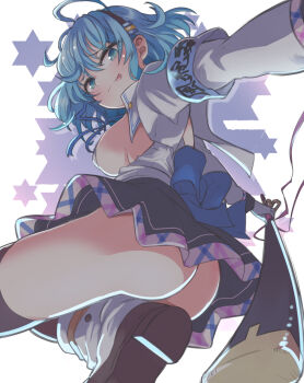 1girl ass black_skirt black_thighhighs blue_eyes blue_hair breasts covered_erect_nipples highres holding holding_sword holding_weapon ishii_takuma looking_at_viewer looking_back nukigee_mitai_na_shima_ni_sunderu_watashi_wa_dou_surya_ii_desu_ka? onabuta_ikuko short_hair simple_background skirt smile solo sword thighhighs weapon white_background
