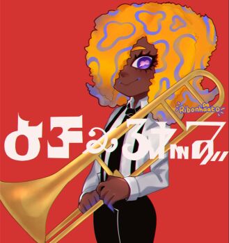 Rule 34 | 1girl, artist name, black necktie, black pants, cephalopod eyes, cowboy shot, dark-skinned female, dark skin, instrument, long sleeves, looking at viewer, multicolored hair, necktie, nintendo, octoling, orange hair, pants, purple eyes, red background, ribonhaato, shirt, shirt tucked in, smile, solo, splatoon (series), splatoon 3, suspenders, tao blu, trombone, white shirt