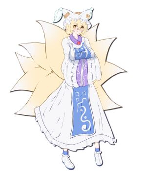 Rule 34 | 1girl, absurdres, animal ears, blonde hair, blue socks, blue tabard, blush, breasts, closed mouth, dot nose, dress, fox ears, fox girl, fox tail, frilled dress, frilled sleeves, frills, full body, hair between eyes, hands in opposite sleeves, hat, highres, kitsune, kyuubi, large breasts, long sleeves, looking at viewer, mob cap, multiple tails, pigeon-toed, shoes, short hair, simple background, slit pupils, smile, socks, solo, standing, tabard, tail, touhou, white background, white dress, white shoes, white trim, wide sleeves, yakumo ran, yellow eyes, zaguromaru