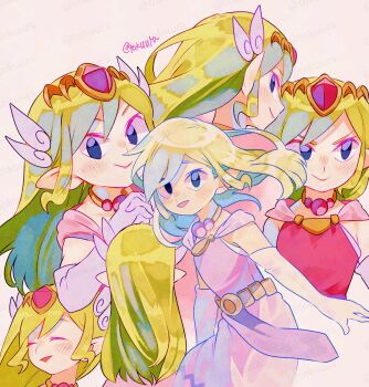 1girl adversarial_noise artist_name bags_under_eyes blonde_hair closed_eyes commentary_request dress elbow_gloves gem gloves highres long_hair looking_at_viewer multiple_views nintendo open_mouth pink_dress princess princess_zelda red_gemstone smile the_legend_of_zelda the_legend_of_zelda:_the_wind_waker tokuura toon_zelda twitter_username watermark watermark_grid white_gloves