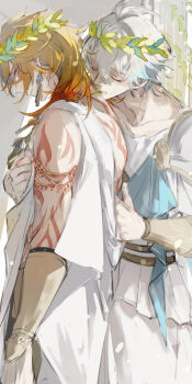 2boys arm_tattoo armlet belt blonde_hair bracer closed_eyes collarbone earrings gradient_hair hair_behind_ear hand_on_another's_back hashtag-only_commentary highres honkai:_star_rail honkai_(series) jewelry laurel_crown looking_back male_focus medium_hair mississipping multicolored_hair multiple_boys mydei_(honkai:_star_rail) phainon_(honkai:_star_rail) piercing red_hair red_tattoo robe standing tattoo white_hair white_robe yaoi yellow_eyes