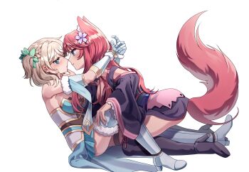 2girls absurdres animal_ears armored_boots artist_request blonde_hair blue_eyes blush boots braid commission commissioner_upload crown_braid embarrassed fox_ears fox_girl fox_tail gauntlets grabbing_another&#039;s_chin hand_on_another&#039;s_chin highres in-franchise_crossover japanese_clothes juniper_(sakura_fox_adventure) kimono knight multiple_girls non-web_source on_ground pink_hair sakura_dungeon sakura_fox_adventure sweat tail thighhighs yomi_(sakura_dungeon) yuri