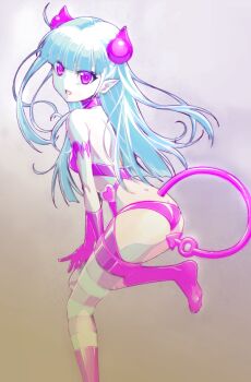 1girl ass blue_background blue_hair blunt_bangs breasts butt_crack commentary_request demon_girl demon_horns demon_tail feet_out_of_frame from_behind gloves gradient_background grey_background highres horns long_hair looking_at_viewer looking_back mars_symbol naruse_maria official_artist_extra panties pink_gloves pink_panties pink_thighhighs pointy_ears purple_eyes revealing_clothes shinmai_maou_no_testament shoulder_blades small_breasts solo standing standing_on_one_leg striped_clothes striped_thighhighs tail thighhighs underwear watanabe_yoshihiro white_thighhighs