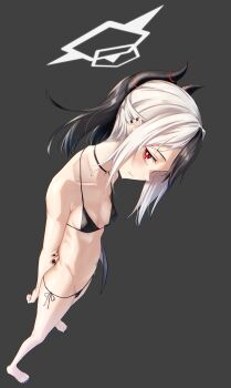 1girl absurdres bikini black_bikini black_hair black_horns blue_archive breasts commentary_request full_body grey_background grey_halo halo highres horns kayoko_(blue_archive) kuromu looking_at_viewer multicolored_hair red_eyes simple_background small_breasts solo swimsuit two-tone_hair white_hair