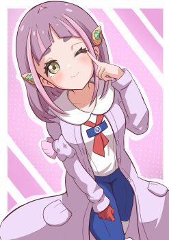 1girl absurdres arched_bangs blueberry_academy_school_uniform blush breasts cardigan closed_mouth collared_shirt eyelashes gloves hair_ornament hairclip highres index_finger_raised lacey_(pokemon) long_sleeves looking_at_viewer nintendo one_eye_closed open_clothes pants pink_hair pokemon pokemon_sv red_gloves revision rono_(lethys) round_collar school_uniform shirt short_hair single_glove smile solo white_shirt yellow_eyes