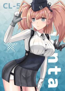 1girl absurdres anchor_hair_ornament aqua_background atlanta_(kancolle) black_hat blush breasts brown_hair character_name commentary_request dress_shirt earrings garrison_cap gloves grey_eyes hair_ornament hat high-waist_skirt highres jewelry kantai_collection large_breasts long_hair long_sleeves looking_at_viewer nipa_(graf_xsr900) partially_fingerless_gloves shirt skirt solo star_(symbol) star_earrings suspender_skirt suspenders two_side_up white_shirt