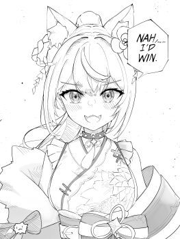 Rule 34 | absurdres, animal ear fluff, animal ears, blush, breasts, collar, commentary, dog ears, dog girl, english commentary, english text, fangs, flower, fuwawa abyssgard, fuwawa abyssgard (new year), greyscale, hair flower, hair ornament, hatching (texture), high ponytail, highres, hololive, hololive english, japanese clothes, kimono, large breasts, linear hatching, looking at viewer, meme, miixxc, monochrome, nah i'd win (meme), official alternate costume, open mouth, ponytail, scene reference, sideless kimono, simple background, skin fangs, sleeveless, speech bubble, spiked collar, spikes, straight-on, upper body, virtual youtuber, white background