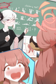 Rule 34 | 2girls, absurdres, alternate costume, anatomy, aru (blue archive), black necktie, black ribbon, black sweater, blue archive, blush, bow, chalkboard, collared shirt, commentary, constricted pupils, dildo, embarrassed, english text, grey hair, grin, hair bow, hair ribbon, half updo, halo, highres, inset, long sleeves, looking at viewer, mixed-language commentary, multiple girls, mutsuki (blue archive), necktie, nose blush, one side up, open mouth, orange eyes, orange hair, pointer, pointy ears, purple eyes, red bow, ribbon, ryeon (naturesan), sex ed, sex toy, shirt, sitting, smile, smug, standing, sweater, teacher, teacher and student, trolling, wavy mouth, white shirt