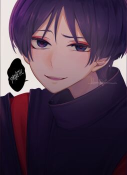 1boy artist_name black_sleeves blunt_ends clothing_cutout english_text eyelashes eyeliner eyeshadow furrowed_brow genshin_impact highres insult japanese_clothes kariginu kuronushi_(genshin_impact) layered_sleeves looking_at_viewer makeup male_focus open_mouth oriana0w0 portrait purple_eyes purple_hair raised_eyebrow red_eyeliner red_eyeshadow red_pupils red_sleeves scaramouche_(genshin_impact) shoulder_cutout signature smirk solo speech_bubble teeth upper_teeth_only white_background wispy_bangs