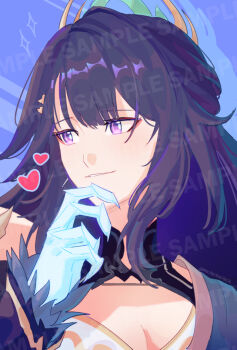 1girl breasts claws cleavage collar commentary earrings english_commentary glowing hair_ornament hairclip headpiece heart honkai_(series) honkai_impact_3rd jewelry long_hair mscheckacheck open_clothes parted_bangs purple_eyes purple_hair raiden_mei raiden_mei_(xentinel:_dawnbearing_crescent) sample_watermark single_bare_shoulder single_earring watermark