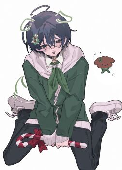 1boy animalization black_pants blue_eyes blue_hair blush candy candy_cane charisma_house christmas_tree_hair_ornament collar collared_shirt commentary_request dog drawn_ears drawn_tail food full_body green_jacket green_necktie hair_between_eyes hair_ornament highres holding holding_candy holding_candy_cane holding_food hood hood_down hooded_jacket jacket male_focus motohashi_iori necktie open_mouth pants partially_unzipped person_and_animalization poca_0422 shirt shoes short_hair simple_background sitting sleeves_past_wrists sneakers wariza white_background white_shirt zipper