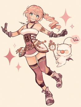 1girl aqua_eyes black_gloves breasts chimney_(chimney0311) closed_mouth commentary dot_nose eyelashes final_fantasy final_fantasy_xiii final_fantasy_xiii-2 full_body gloves highres jewelry long_hair looking_at_viewer medium_breasts moogle necklace pink_hair serah_farron sidelocks smile solo sparkle white_background