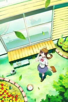 1girl adjusting_hair backyard bad_id bad_pixiv_id bag blue_eyes blurry brown_eyes brown_hair bucket depth_of_field female_focus flower from_above fukukitaru garden leaf long_hair nature original reflection satchel school_bag school_uniform skirt solo tucking_hair twintails watercan watering_can
