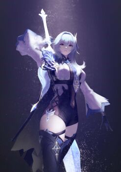 1girl absurdres arm_up black_gloves blue_cape blue_hair boots breasts cape chest_harness commentary_request cowboy_shot crossed_legs crystal_sword dark_background eula_(genshin_impact) genshin_impact gloves greatsword hair_ornament hand_up harness high-waist_shorts highres holding holding_behind_back holding_sword holding_sword_behind_back holding_weapon holding_weapon_behind_back korean_commentary large_breasts light_particles looking_at_viewer medium_hair outstretched_arm parted_lips purple_eyes revision sal_(sal487095) shorts side_cape sidelocks solo spotlight sword thigh_boots watson_cross weapon white_sleeves wide_sleeves