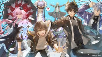 1girl 4boys ? absurdres alternate_costume anaxa_(honkai:_star_rail) arm_up black_coat black_dress black_flower black_hair black_jacket black_pants black_shirt black_sweater blue_coat blue_sky caelus_(honkai:_star_rail) caelus_(world_tour_2023)_(honkai:_star_rail) closed_eyes clothes_grab coat commentary_request dan_heng_(honkai:_star_rail) dan_heng_(lurking)_(honkai:_star_rail) dan_heng_(permansor_terrae)_(honkai:_star_rail) dragon_boy dragon_horns dress dromas_(honkai:_star_rail) earclip evernight_(honkai:_star_rail) evey_(honkai:_star_rail) eyepatch floating_hair flower gradient_hair green_hair grey_hair hair_flower hair_ornament highres holding holding_umbrella honkai:_star_rail honkai_(series) hooded_shirt horns jacket jewelry long_hair march_7th_(honkai:_star_rail) multicolored_hair multiple_boys necklace official_alternate_costume open_clothes open_coat open_jacket open_mouth outdoors outstretched_arms pants phainon_(honkai:_star_rail) phainon_(luckin_coffee)_(honkai:_star_rail) pink_hair pointy_ears ponytail reaching red_eyes shirt sky snow snowing speech_bubble spoken_question_mark sweater trailblazer_(honkai:_star_rail) turtleneck turtleneck_sweater twitter_username umbrella very_long_hair white_hair white_shirt winter wristband yellow_eyes yellow_horns youyou_(yuyu20968)