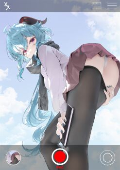 1girl ahoge alternate_costume ass bad_id bad_pixiv_id black_pantyhose black_scarf blue_hair blue_nails blue_sky blush camera cellphone clothes_pull cloud cloudy_sky from_below ganyu_(genshin_impact) genshin_impact haku89 highres horns long_hair looking_at_viewer nail_polish panties pantyhose pantyhose_pull pantyshot phone pulling_own_clothes purple_eyes scarf skirt sky solo standing sweater thighs underwear user_interface white_background white_panties
