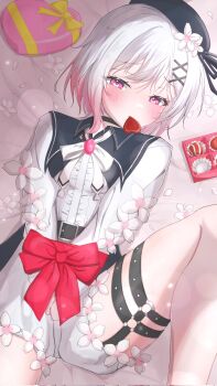Rule 34 | 1girl, blush, bound, bound arms, bow, box, box of chocolates, candy, chocolate, chocolate heart, food, food in mouth, hat, heart, heart-shaped food, highres, mahou shoujo no majo saiban, numamizuki, on bed, pink hair, sakuraba ema, solo, thigh strap, thighs, valentine, white hair
