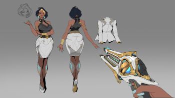 Rule 34 | 1girl, bare shoulders, belt, black hair, black shirt, blazer, blonde hair, blonde streaks, blue nails, bracelet, breasts, brown pantyhose, collar, colored bangs, commentary, curvy, dark-skinned female, dark skin, domina (overwatch), earrings, english commentary, eyeshadow, fingernails, full body, gold bracelet, gun, high heels, highres, holding, holding gun, holding weapon, jacket, jewelry, large breasts, long fingernails, makeup, mature female, medium skirt, multiple views, narrow waist, overwatch, pantyhose, pencil skirt, pink eyeshadow, pov, pov hands, red lips, reference sheet, shirt, shoes, short hair, skirt, sleeveless, sleeveless shirt, unworn jacket, weapon, white jacket, white shoes, white skirt, wide hips