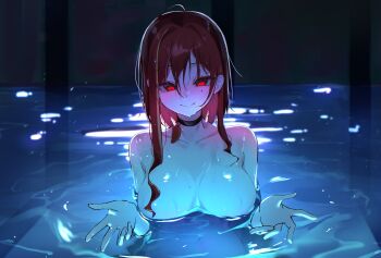 1girl absurdres akane_lize black_choker breasts chainsaw_man choker closed_mouth collarbone commentary_request dated_commentary glowing glowing_eyes hair_between_eyes hair_over_breasts hair_over_shoulder hands_up highres korean_commentary large_breasts long_bangs long_hair long_sidelocks looking_at_viewer mole mole_under_eye multicolored_hair no_nipples nude partially_submerged pool red_eyes red_hair scene_reference sidelocks smile solo stellive streaked_hair virtual_youtuber water water_drop wet wet_hair yeomhwauranyum